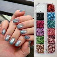 Boîte de 12 compartiments de paillettes à ongles rondes, flocons de pois colorés ultra-fins et scintillants pour la décoration d'ongles DIY et la manucure à pois