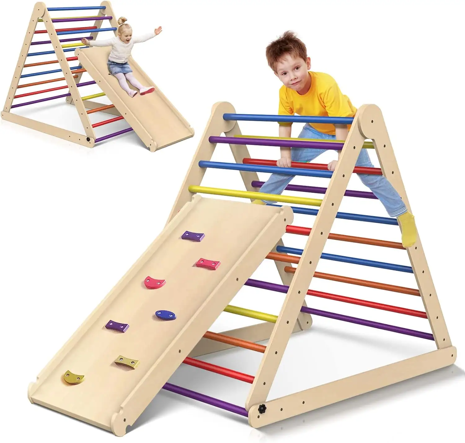 फोल्डेबल समायोज्य इनडोर 3 में 1 त्रिकोण चढ़ाई खिलौने मजबूत लकड़ी के बच्चे स्लाइड
