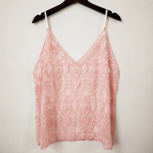 Camisola de Verano con Lentejuelas y Cuentas, Sexy, Entallada, Corta, con Cuello en V, Chaleco Elegante para <span class=keywords><strong>Mujer</strong></span>, Tejido Dobby, Poliéster, Patrón Geométrico - Product Image 5