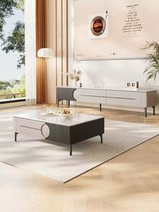 Ensemble table basse et meuble TV moderne, armoire de rangement bicolore avec décor rond évidé, mobilier de salon minimaliste - Product Image 2
