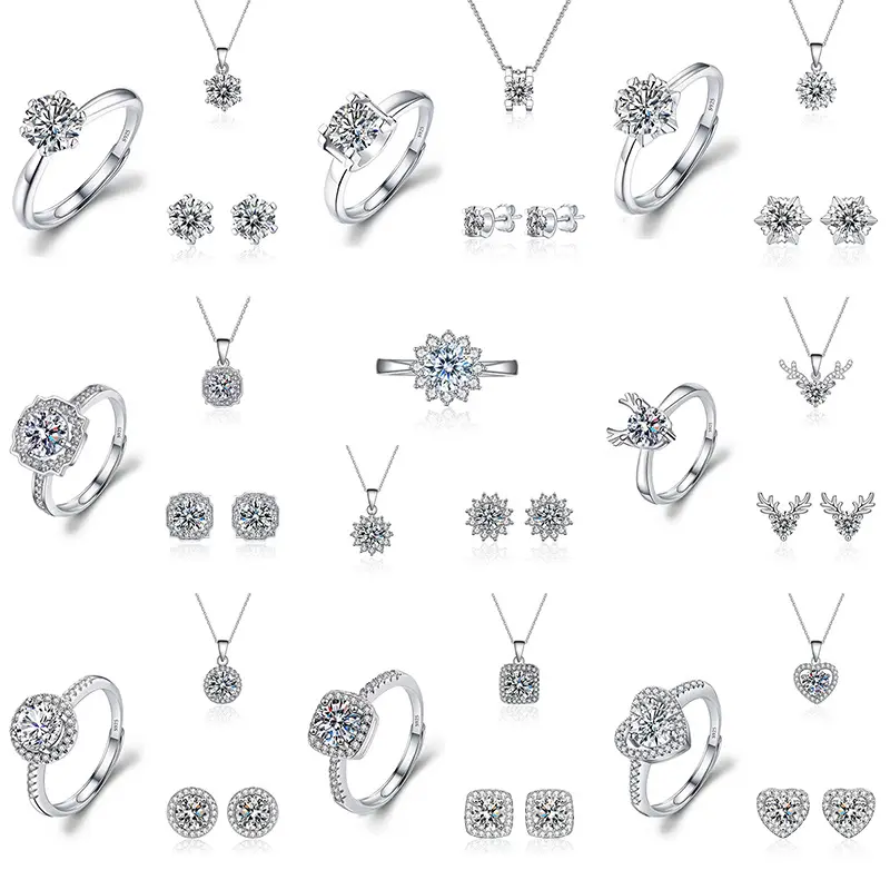 Kit de joias para noivas 3 peças, diamante, moissanite, anel de noivado, colar, brincos, prata banhada, zircônia cúbica, conjunto de joias de casamento