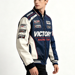 Chaqueta de Cuero Híbrida OEM Estilo <span class=keywords><strong>Biker</strong></span> Varsity con Bordado Personalizado 2026, Chaqueta Letterman de Carreras, Chaqueta de Cuero de Carreras de Fábrica - Product Image 3