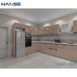 Readymade Độ Bóng Cao Laminate Gói Phẳng Tủ Bếp Thiết Kế Trung Quốc Hiện Đại Cổ Điển Màu Hồng Sơn Mài Tủ Bếp - Product Image 3