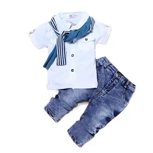 Setelan Baju Bayi Laki-laki, Kaus Kasual + Syal + Jeans 3 Potong Pakaian Bayi Musim Panas Anak-anak untuk Anak Laki-laki 2021 Baju Balita Laki-laki