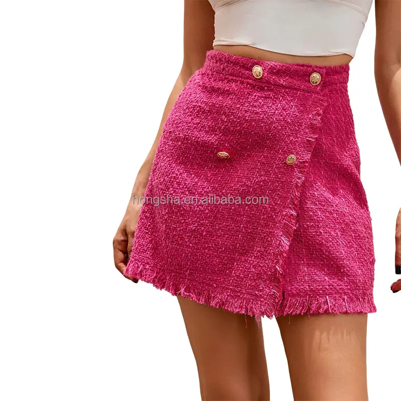 Ladies Elegant Double Button Tweed Skirt Women Raw Hem A Line Korean Mini Skirt High Waist Wrap Hot Pink Mini Skirt HSS9143