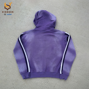 เสื้อฮู้ดดี้ทรงบ็อกซี่แบบซิปสำหรับผู้ชายสไตล์วินเทจ ผ้าหนา ซีดจาง ตกแต่งด้วยงานปักและแอพพลิเค ตัดเย็บแบบครอป ลุคทำสีซีดแบบแอซิดวอช - Product Image 3