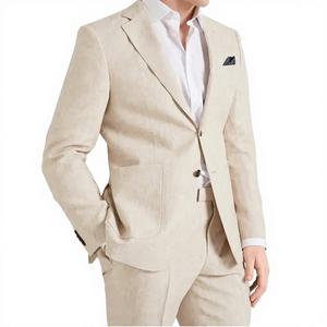 Traje de hombre de lino casual de 2 piezas para boda en la playa, con solapa de muesca, corte ajustado, transpirable, talla grande, conjunto de blazer y pantalón. - Product Image 3
