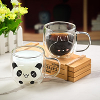 Vente en gros de tasses à café en verre à double paroi, originales, mignonnes, à motifs d'animaux de dessin animé, isolées thermiquement