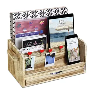 Wooden Rustic Desktop Organizer Office Mail Sorter with Cute Clips Set All-Purpose Document File Sorter with 3 Slots and Drawer