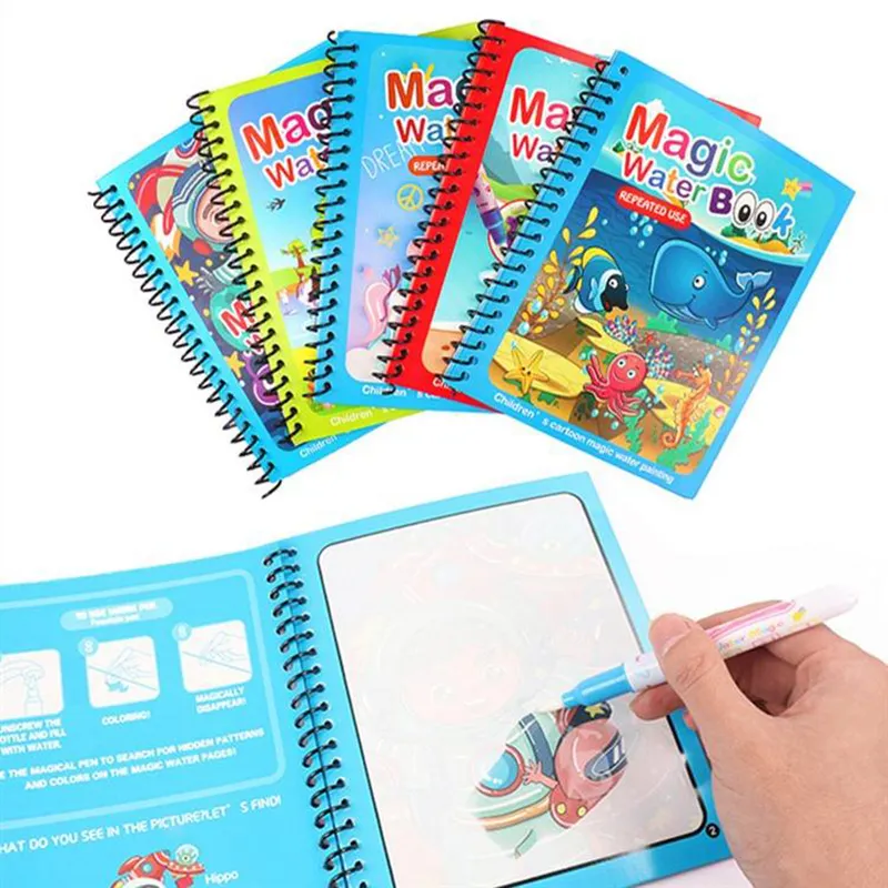 Bambini Magic Water Painting Book Magic Water Coloring Book disegno pittura libri a colori giocattolo educativo riutilizzabile con penna