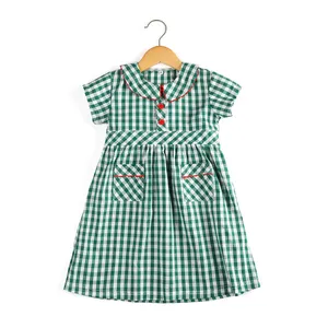Baby Summer Cotton Clothes for Girl Woven Short Sleeve Dresses With Pockets Plaid Body Dress