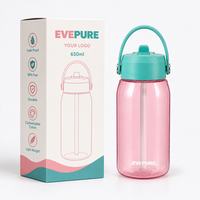Bouteille Tritan 650 ml avec paille, anti-fuite, sans BPA, sans danger pour les aliments, durable, pour le bureau, la salle de sport, les voyages, cadeau, école, avec bouchon à paille rabattable, pour adultes
