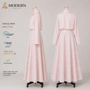 Set Coordinato Rosa Pallido con Ricami Floreali 3D, <span class=keywords><strong>Camicia</strong></span> a Maniche Lunghe e Gonna Lunga per Donna, Moda Modesta, Produttore OEM ODM - Product Image 2
