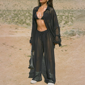 Elegant Women's Straight Leg Chiffon Pants Slim Waist See Through Mesh Long Casual Pants Summer Style - Product Image 3