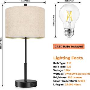 Juego de 2 lámparas de mesa altas con Control táctil, mesita de noche moderna con 2 puertos USB, para habitación, Hotel - Product Image 6