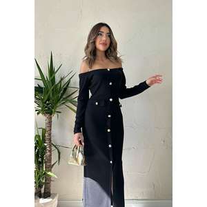 เดรสไหมพรมสีดำแบบเปิดไหล่ทรงเข้ารูปเอวธรรมชาติสำหรับผู้หญิง - Product Image 3