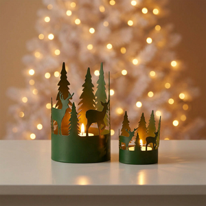 Latest Christmas Home Tabletop Decoration Green Metal <b>Candle</b> Holders with Tree and Deer Cutwork Design - Product Image 4