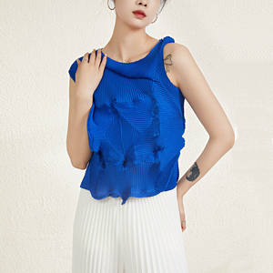 Vêtements d'été PY pour femmes, col roulé, respirant, écologique, élégant, gilet plissé, texture losange, décontracté, plissé 3D - Product Image 4