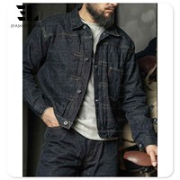 Jaket Denim Selvedge Kasar Berkualitas Tinggi dari Pabrik Denim Kustom LARSUR, Kancing Depan, Gaya Jepang, Gesper Paris, Jaket Jeans Selvedge Salvage