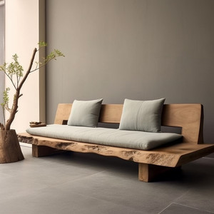 Divano a Tre Posti <span class=keywords><strong>in</strong></span> <span class=keywords><strong>Legno</strong></span> Massello Stile Wabi-Sabi, Rivestimento Rimovibile e Lavabile, Bordo <span class=keywords><strong>Naturale</strong></span> per Hotel, Homestay e Soggiorno - Product Image 4
