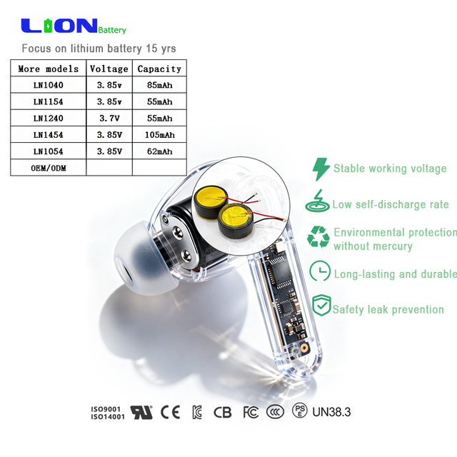 Best-selling CE/CB Certified 3.85V 105mAh Lithium-ion Battery Liir1454/1240 Button Battery OEM Button Battery Pack