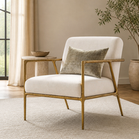 Fauteuil rembourré avec structure métallique ouverte, accoudoirs courbes, pieds effilés, chaise d'appoint en tissu lin pour coin lecture, crème