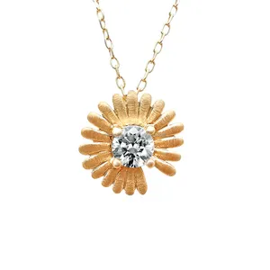 Trendy Daisy Flower Genuine Luxury 14K Solid Gold Lab Diamond Chain Link Charm Necklace Fine Jewelry