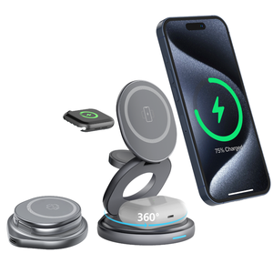 Support de chargeur sans fil magnétique pliable 3 en 1 15W à charge rapide, prend en charge les téléphones mobiles portables de type C, sortie 5V/1A - Product Image 1