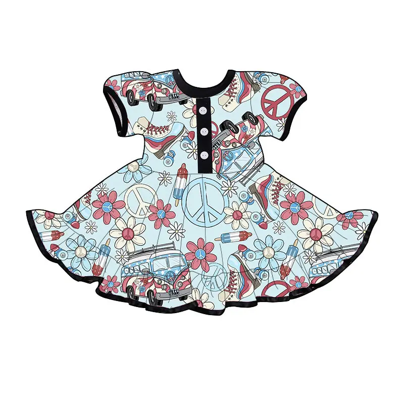 Nieuwe Aankomst Custom Print Baby Zomer Meisjes Jurk Peuter Meisje Korte Mouw Knielengte Parel Jurken