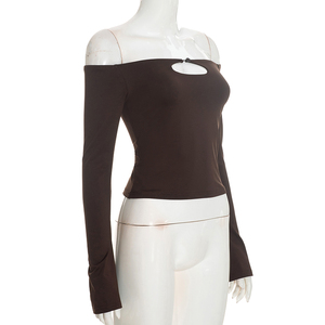 Viviblook Y26TP383 – Nouveau T-shirt décontracté pour femme, couleur unie, épaules dénudées, manches longues évidées, dos nu, effet amincissant - Product Image 2