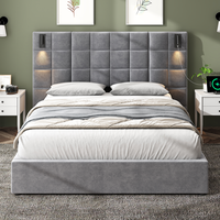 Modernes Luxus-Queensize-Bett mit Verstellbarem Polstergestell, Samt-Kopfteil, USB-Anschluss, Beleuchteter Wandleuchte, Eichenholzrahmen und Stauraum