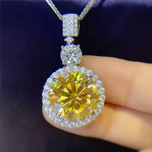 R gema Collar de diamantes de moissanita para mujer, Plata de Ley 925, diamante amarillo de corte redondo, 10 quilates