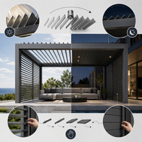 Pergola bioclimatique motorisée moderne de luxe en aluminium avec volets latéraux imitation bois, résistante aux intempéries, pour patio de villa
