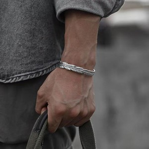 Retro Antique <strong>Silver</strong> Feather Opening <strong>Bangle</strong> for <strong>Men</strong> Simplicity Trendy Adjustable Bracelets Jewelry - Product Image 3