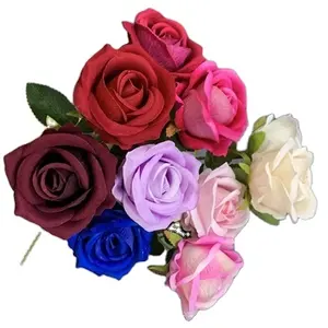 L-514 atacado flor rosa vermelha flor única veludo rosa arbustos flores de veludo rosas artificiais para decoração de casamento