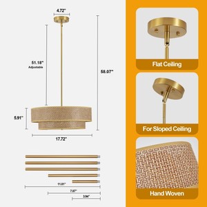 <span class=keywords><strong>Lampadario</strong></span> a 2 Livelli in Rattan Oro <span class=keywords><strong>Beige</strong></span>, Altezza Regolabile, per Sala da Pranzo, Prezzo di Fabbrica - Product Image 2