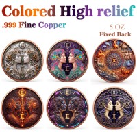 Pièce de monnaie en cuivre pur 999 de 5 oz, série Zodiaque Vierge 12, Gémeaux, colorée, en relief 3D, UV, édition collector, pièce de monnaie en cuivre colorée