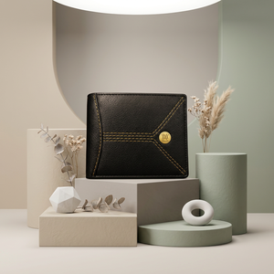 Cartera WRIZA de Cuero Genuino de Alta Calidad, Diseño Elegante en Negro, Patrón de Costuras Amarillas, Emblema Dorado, Duradera, Compacta, Artesanía Premium - Product Image 4
