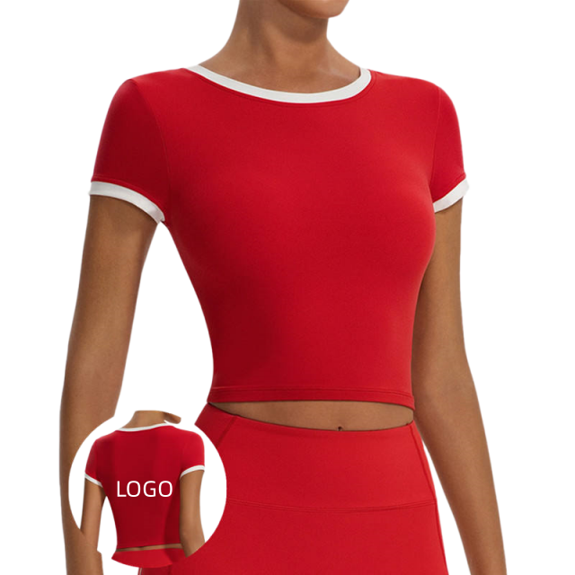 Newly Designed AL Women's Summer Short Contrasting Color Round Neck Yoga Sports Top Breathable Slim Fit Short Sleeved T-shirt