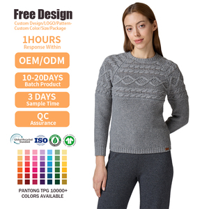 Pull en tricot pour femmes OEM/ODM, hiver, logo personnalisé brodé, manches longues, gris, pull en tricot torsadé pour femmes - Product Image 2