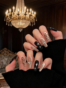 <span class=keywords><strong>Uñas</strong></span> Postizas <span class=keywords><strong>Negras</strong></span> Color Nude con Diseño de Estrella y Diamantes de Imitación, <span class=keywords><strong>Uñas</strong></span> Artificiales Elegantes Hechas a Mano para Mujer - Product Image 1