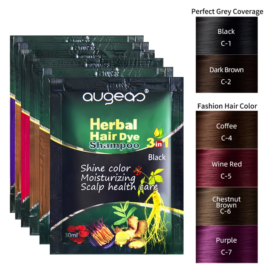 30ml sachet sack OEM argan oil ginseng and ginger private label instant dye color black hair shampoo