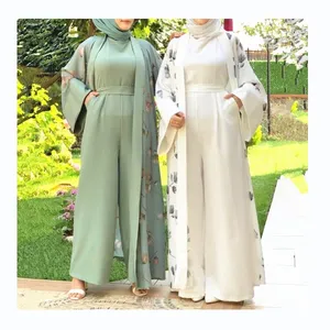 New Best Selling 2pcs Sets Arabic Supplier Long Sleeve Ladies Islamic Clothing Abaya Muslim Women floral Dress With Jumpsuits