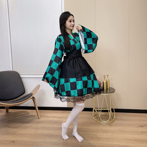 Vestido tipo kimono para cosplay, disfraz de Anime de manga larga a cuadros verde y negro para mujer, traje de fiesta para juego de rol - Product Image 2
