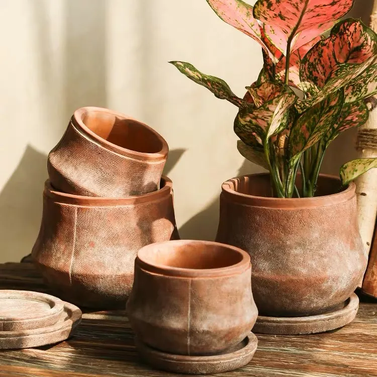 Maceta de maceta de terracotta natural de cemento vintage, decoración para el hogar, macetas de plantas con platillo, venta al por mayor