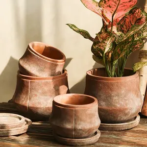 家庭花园装饰复古水泥天然赤陶花盆批发带茶碟的兵马俑花盆
