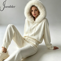 Jxwatcher Manteau en tricot de laine douce, pull de luxe à capuche en vraie fourrure de renard, ensemble deux pièces avec pantalon long, pull d'hiver personnalisé pour femme à épaules dénudées