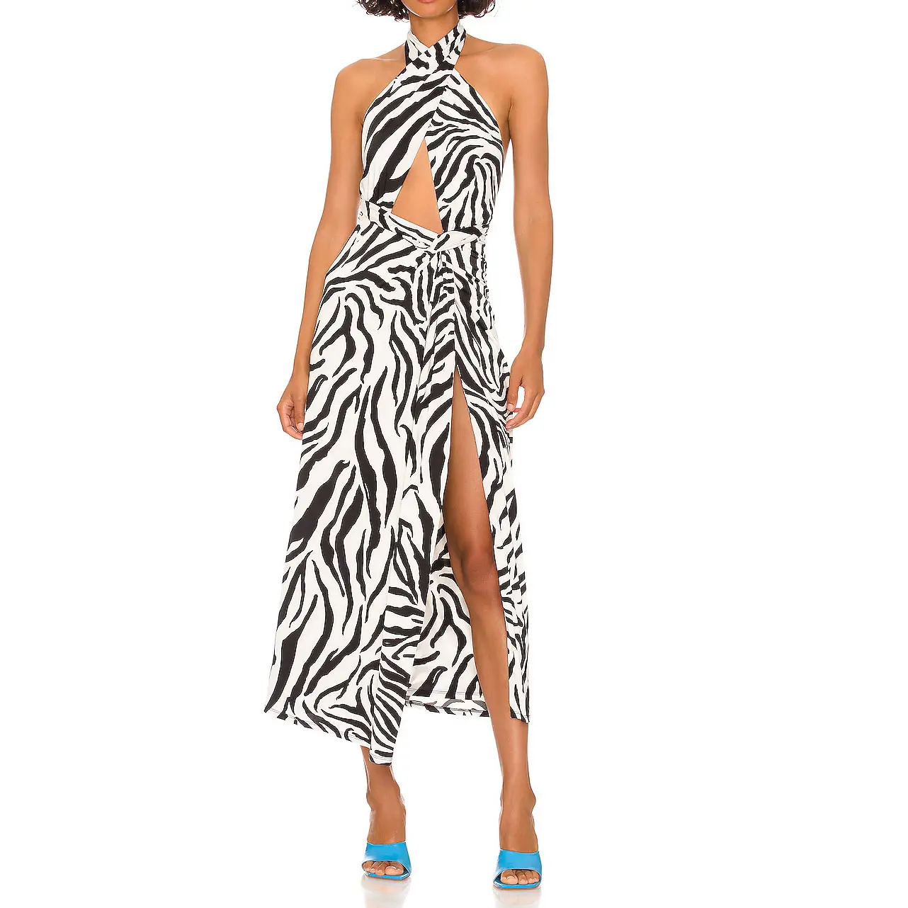 Kunden spezifisches Tier muster Kreuz riemen Zebra muster aushöhlen Design rücken freie High Split Maxi kleider