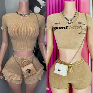 Huili Activewear Các Nhà Sản Xuất Crop Top Tee & Quần Short Trang Phục Biểu Tượng Tùy Chỉnh Thể Thao Phòng Tập Thể Dục Cổ Điển Rửa Mùa Hè Hai Mảnh Thiết Lập Cho Phụ Nữ - Product Image 5