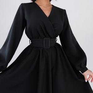Vestido de Mujer al por Mayor, Personalizado, OEM, de Alta Calidad, Elegante, para Fiesta, Negro, Sexy, de Manga Larga, con Cuello en V y Cinturón - Product Image 6